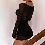 Women's Clothing 2025 Spring And Summer New Net Mesh Long Sleeve Open Fork Short Dress Woman DJPT