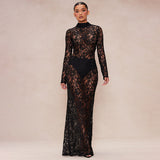 Women's Lace Splicing Semi-High Collar Body-Dight Sexy Dress DJPT