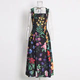 Temperament Elegant Wind Printed Dress 2025 Summer New Square Collar Nail Beads High-Belt Strap Sling Skirt