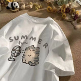 Cotton Shoulder Summer New Round Collar Short-Sleeved T-Shirt Cute Kitten Print Loose Blouse DJPT