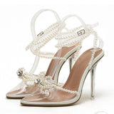 High Heels 2025 Spring Tip Sweet Bow Summer Water Drill Transparent Women's Pearl Sandals High Quality Shoes