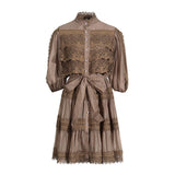 Luxury Wind Hollow Lace Splicing 2025 Summer New Lantern Sleeve Buckle Long Solid Female Dress