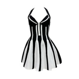 New Women's Sexy Black And White Stripe Hanging Back Hanging Neck Knitted Banded Dress