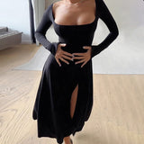 Autumn 2025 New Fashion Style Sexy Temperament Collared Fork Long-Sleeved Dress Woman DJPT