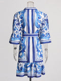 Vintage 2025 Summer New Round-Neck Long Horn Sleeve Blue Printed Dress Woman