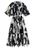 Style Dress 2025 Summer New Retro Printing And Dye Single Buckle Bubble Sleeve Fashion Casual Dress