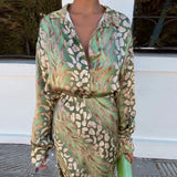 2025 New Women's Print Elegant Collar Long-Sleeved Shirt High-Waisted Skirt Fashion Suit Woman DJPT