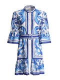 Vintage 2025 Summer New Round-Neck Long Horn Sleeve Blue Printed Dress Woman