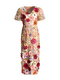 Court Style 2025 Summer New V-Neck Bubble Sleeve Embroidered Three-Dimensional Flower Pencil Dress Female
