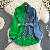 Hong Kong Flavor Temperament With Belt With Belt Color Cowboy Shirt Spring New Chi Casual Long Blouse DJPT