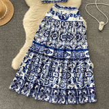 And White Porcelain Printing Set Of Women In Summer Pure Desire To Bare Belt Slings Small Vest + High Waist Mid-Dress Skirt DJPT