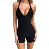 Women's Fashion Pure Color Sexy Back Shorts V Collar Hanging Neck Tight Shorts Jumpsuit DJPT