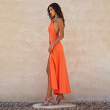 Women's Solid Color Hanging Neck Chain Hollow Open Fork Dress DJPT