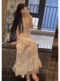 A line Spaghetti Straps Lace White Chiffon Beach Dress Women's Vacation Dresses SD1142