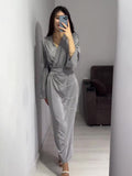 Women's 2024 Summer New Long Dress Temperament Loose Metal Decoration V Tie With Dress