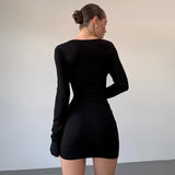 Women's Ultra-Low Collar Body-Suited And Hip Metal Decorative Sexy Dress DJPT