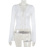 Lace Lace Lace Short Ribbon Ribbon Blouse In French Style Sexy Solid Color T-Shirt DJPT