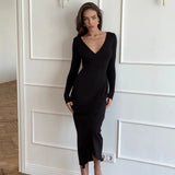 Women's Deep V Long Sleeves High Open Sexy Dress DJPT