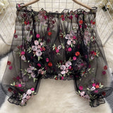 Shoulder Mesh Embroidery Perspective Shirt For Women's Summer Loose Bubble Sleeve Short Hoodie Long-Sleeved Lace Shirt DJPT