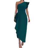 Summer Slanted Shoulder Dress High-Waist Irregular Open Fork Sexy Long Dress Girl