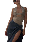 Summer New Fashion Style Style Folding Characteristic Chest Cup Mesh Splicing Hanging Neck Vest Top Woman DJPT