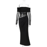 Summer 2025 New Long Dress Temperament Sexy Shoulder Mesh Yarn Hollow Dress Woman DJPT