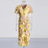 Court Style 2025 Summer New V-Neck Bubble Sleeve Embroidered Three-Dimensional Flower Pencil Dress Female