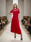 French Dress 2025 Spring New Red Collar Three-Dimensional Bow Spliced Hollow Dress Women's Dress