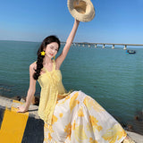 Style Beach Skirt Casual Temperament Hanging Neck Top Two Sets + Print Long Skirt Set