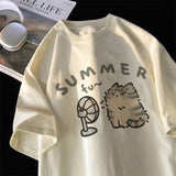 Cotton Shoulder Summer New Round Collar Short-Sleeved T-Shirt Cute Kitten Print Loose Blouse DJPT