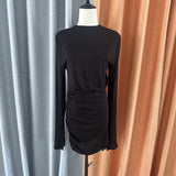 Zhao Sanguan 2024 New Black Folded Skirt Temperament Waist Horn Sleeve Dress