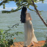 Beach Dress Seaside Tourism Vacation Chiffon Long Dress Folded Loose Sleeveless Slings Dress Dress Woman