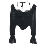 Girls Shoulder-Hanging Neck With Long-Sleeved Slings With Smear Wooden Ear-Deared Shirt Short With Chest Cushion Top DJPT