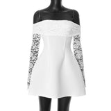 Women's First-Word Lace Splicing Long Sleeves To Close The Waist A Swing Dress DJPT
