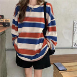 Net Red T-Shirt Women In Rainbow Striped Long-Sleeved Top 2025 Autumn Dress Korean Version Loose Bottoming Shirt DJPT