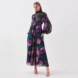 2025 Printed Lace Splicing Hollow Rivet Collar Lantern Long-Sleeved Dress Woman