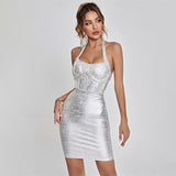 Babes Hanging Neck Tightening Tape Dress High-End Famous Net Yarn Splicing Dinner Dress