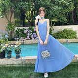 Sense Irregular Splicing Folds A Long Dress Summer French Waist Big Skirt V Tie Hanging Dress Woman