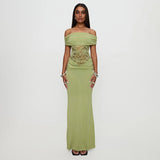 Women's Spring And Summer New Solid Color Open Shoulder Splicing Lace Super Long Dress Woman DJPT