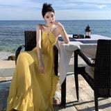 Seaside Travel Skirt Beach Dress Hanging Neck Yellow Sling Dress Woman