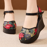 Real Leather National Style Print Ultra-High With Idyllic Wind Thick Bottom Retro College Style Buckle Sandals High Quality Shoes