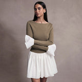 Women's Clothing Hit The Word Collar Horn Long-Sleeved Lotus Leaf Short Skirt DJPT