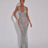 Trendy Leek Deep V Hanging Neck Ass Skirt Woman 2024 Winter New Sexy Body Micro-Enlightenment Back Long Skirt HZ0628