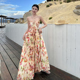 Swing Atmosphere Feel The Flower Temperament Of The Waist Thin 100 Folds Hanging Neck Slings Long Skirt Seaside Skirt