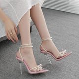 High Heels 2025 Spring Tip Sweet Bow Summer Water Drill Transparent Women's Pearl Sandals High Quality Shoes