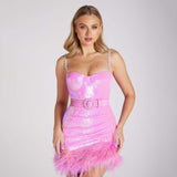 Women's Dress Sexy Tight Skirt Dress Artificial Hair Belt Purple Squine Sling Skirt