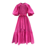 Retro Court Style Dress Spring 2025 New Bubble Sleeve Tie With High-End Long Dress Woman