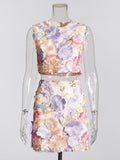 Flowers Retro Pastoral Set 2025 Spring New Round-Neck Sleeveless Top High Waist Short Skirt