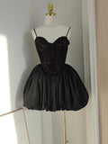 Ball Gown Spaghetti Straps Black Lace Travel Vacation Dresses Short Satin Birthday Dress SD1244