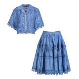 Romantic Style 2025 Summer New Collar Embroidered Lace Shirt With Elegant Half-Skirt Set